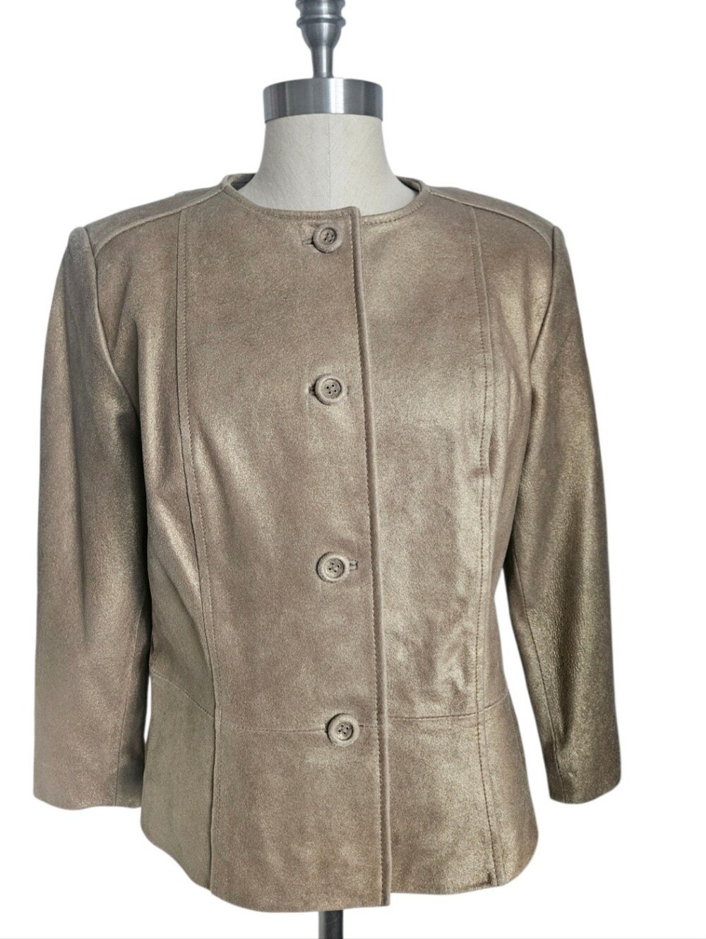 KATE HILLMetallic Bronze Gold Genuine Leather Jacket Collarless Paneled | SZ 12